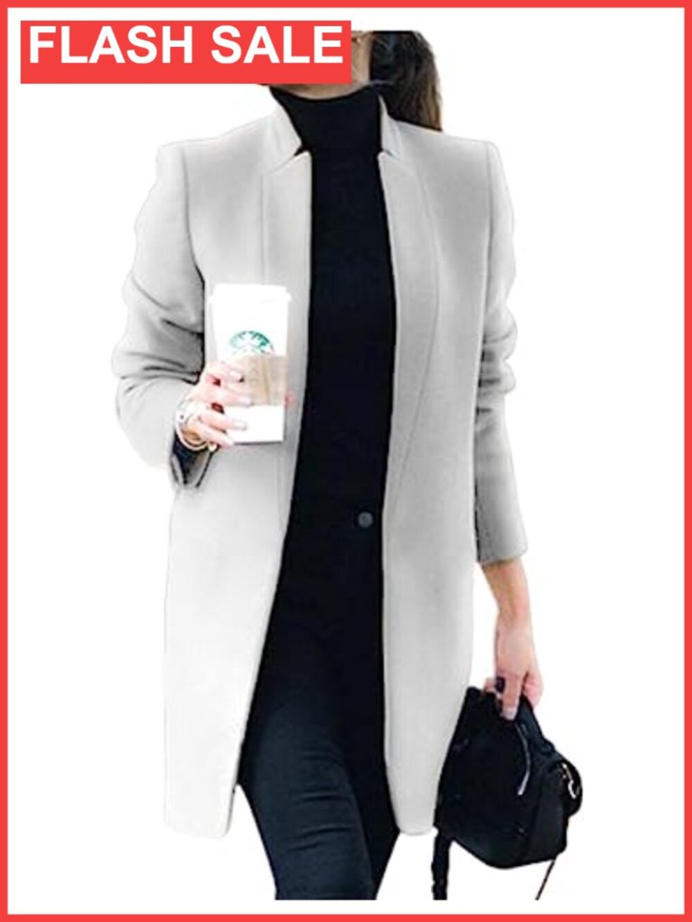 Women's Wool Blend Pea Coat Stand Collar Slim Fit Mid Long Business Casual